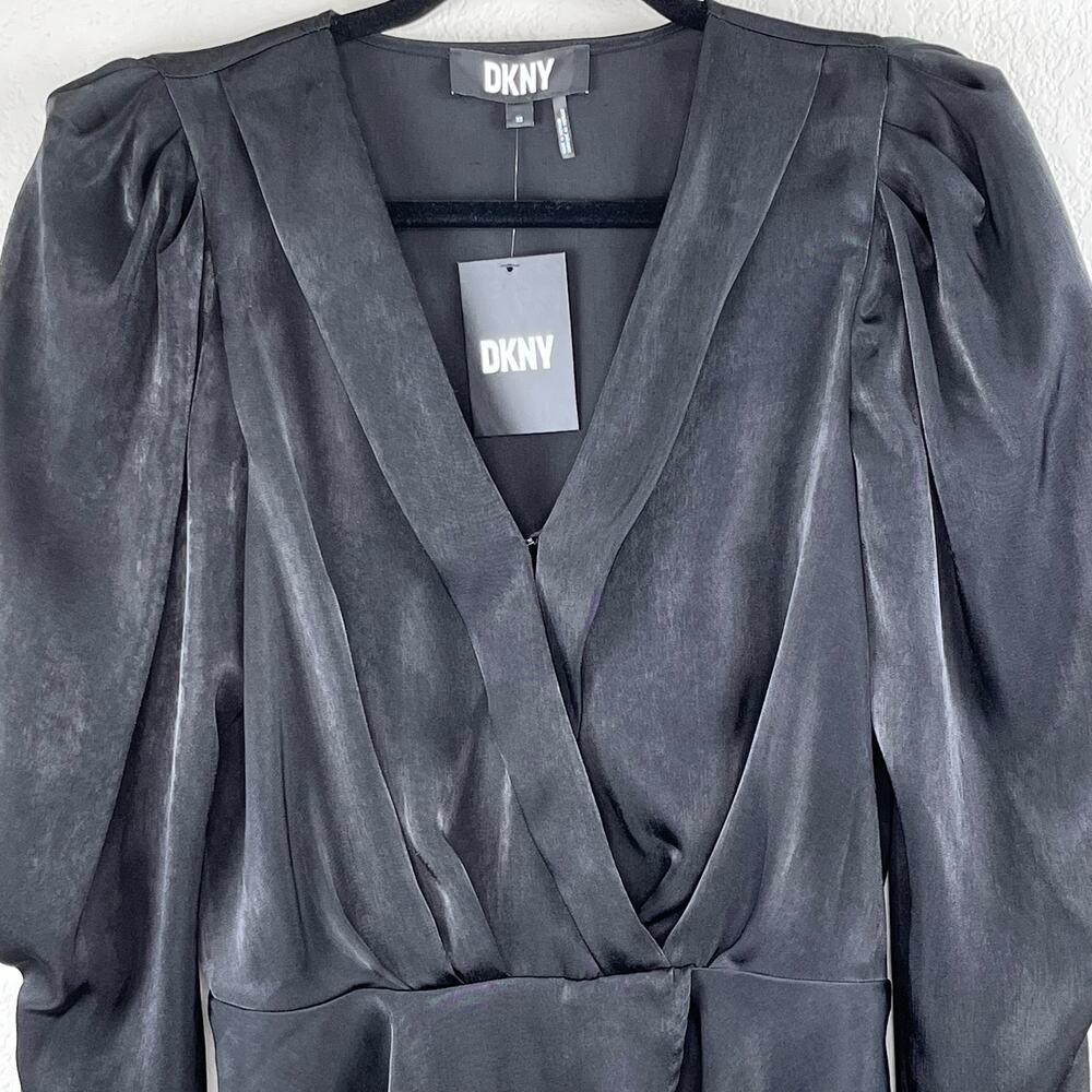 DKNY Black Satin Peplum Blouse V-Neck Long Puff Sleeve Evening Party XS NWT - Picture 5 of 13